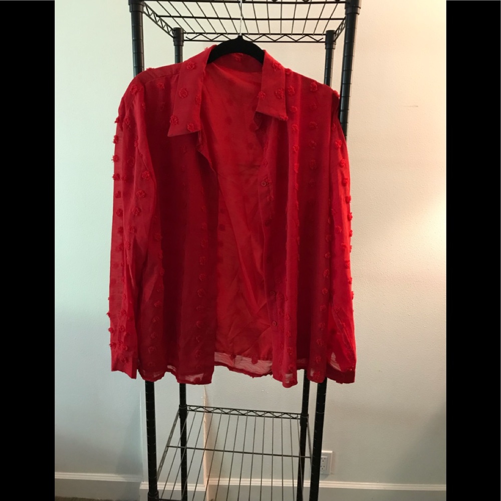 Red button up blouse